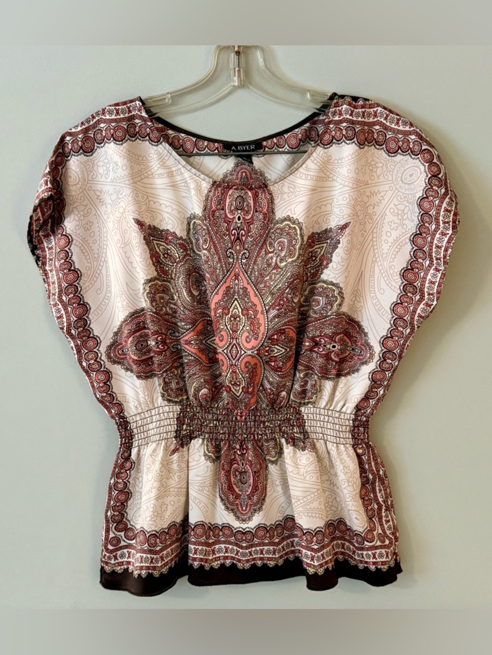 A. Byer Women's Boho Cream & Pink Paisley Print Blouse, Large ~ LIKE NEW!